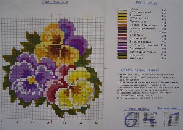 Схемы для вышивки Анютиных глазок могут отличаться по сложности и размерам 