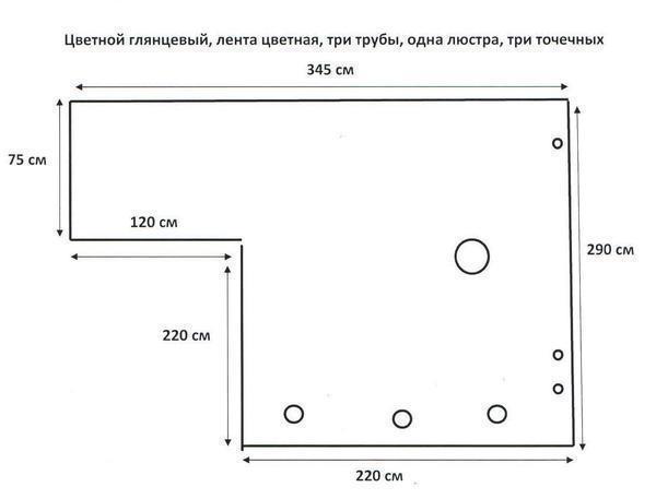 Для замера конструкции натяжного потолка требуется нарисовать эскиз комнаты и произвести замеры по всему периметру