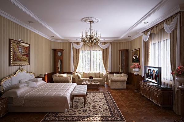 Неотъемлемым атрибутом спальни в классическом интерьере считается большая старинная люстра 