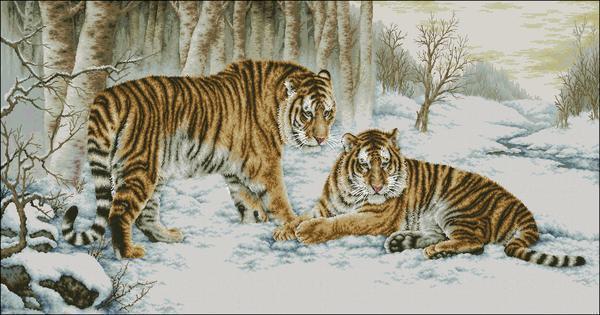Помимо светлого фона, тигры очень органично смотрятся на картине с темным фоном
