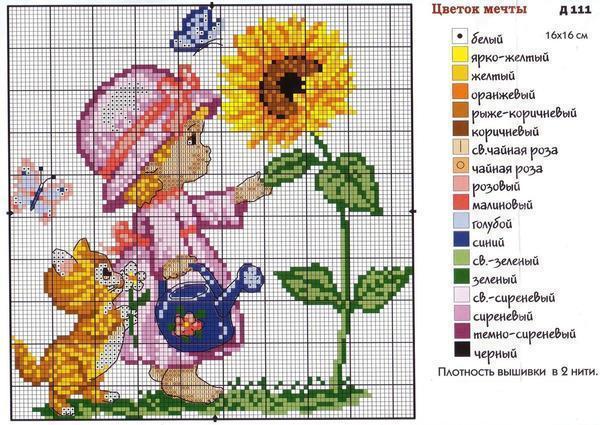 Вышивка с изображением ребенка и цветов станет хорошим подарком для мамы на 8 марта 