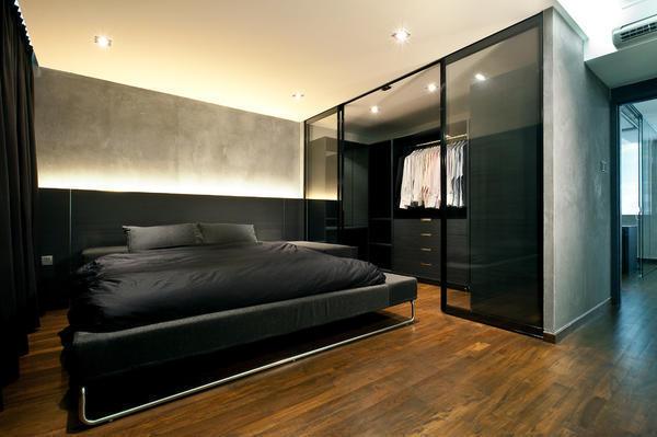 Для мужской спальни хорошо подойдут темные оттенки: черный, коричневый, серый 
