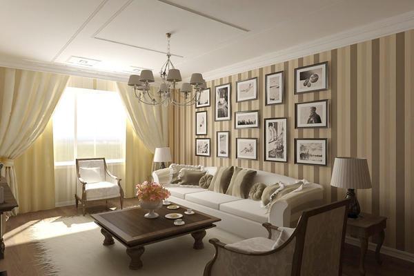 Полоски в интерьере маленькой гостиной позволят визуально существенно увеличить пространство