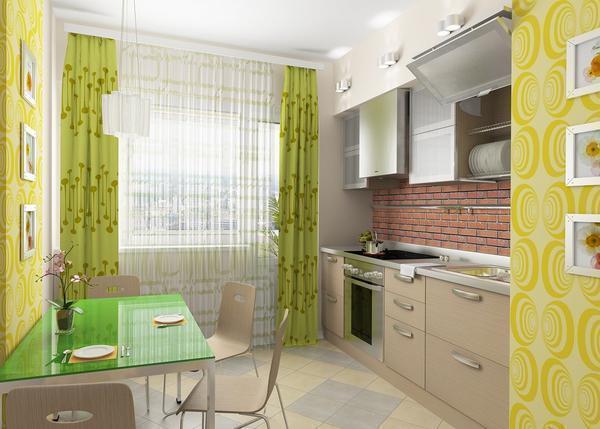 Зеленые шторы на кухне прекрасно сочетаются с белыми занавесками 