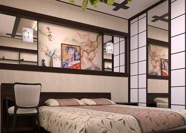 В качестве декора для спальни в японском стиле отлично подойдут тематические картины и расписанные веера 