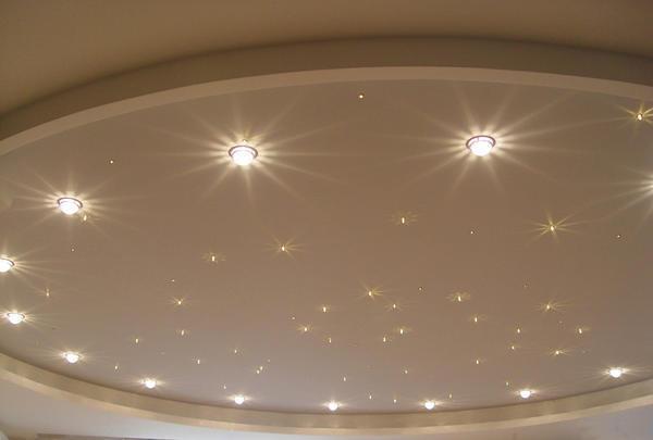Для встраиваемых точечных светильников подобраны дизайнерские разработки с идеями оформления потолочного покрытия таким видом освещения