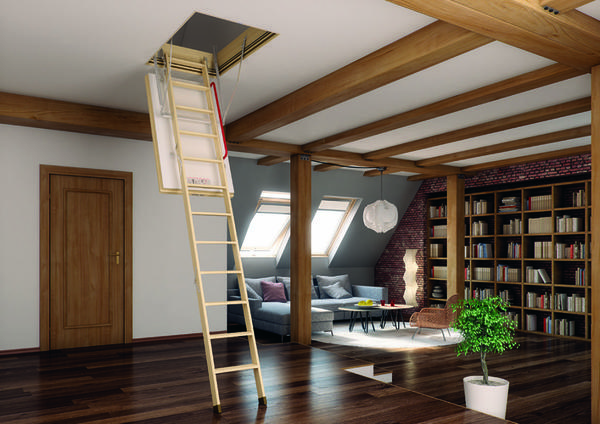 Подбирать чердачную лестницу следует с учетом интерьера помещения, где она будет устанавливаться