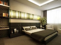 В интерьере современной спальни зачастую используются новомодные технические изобретения, например, неоновая подсветка на потолке